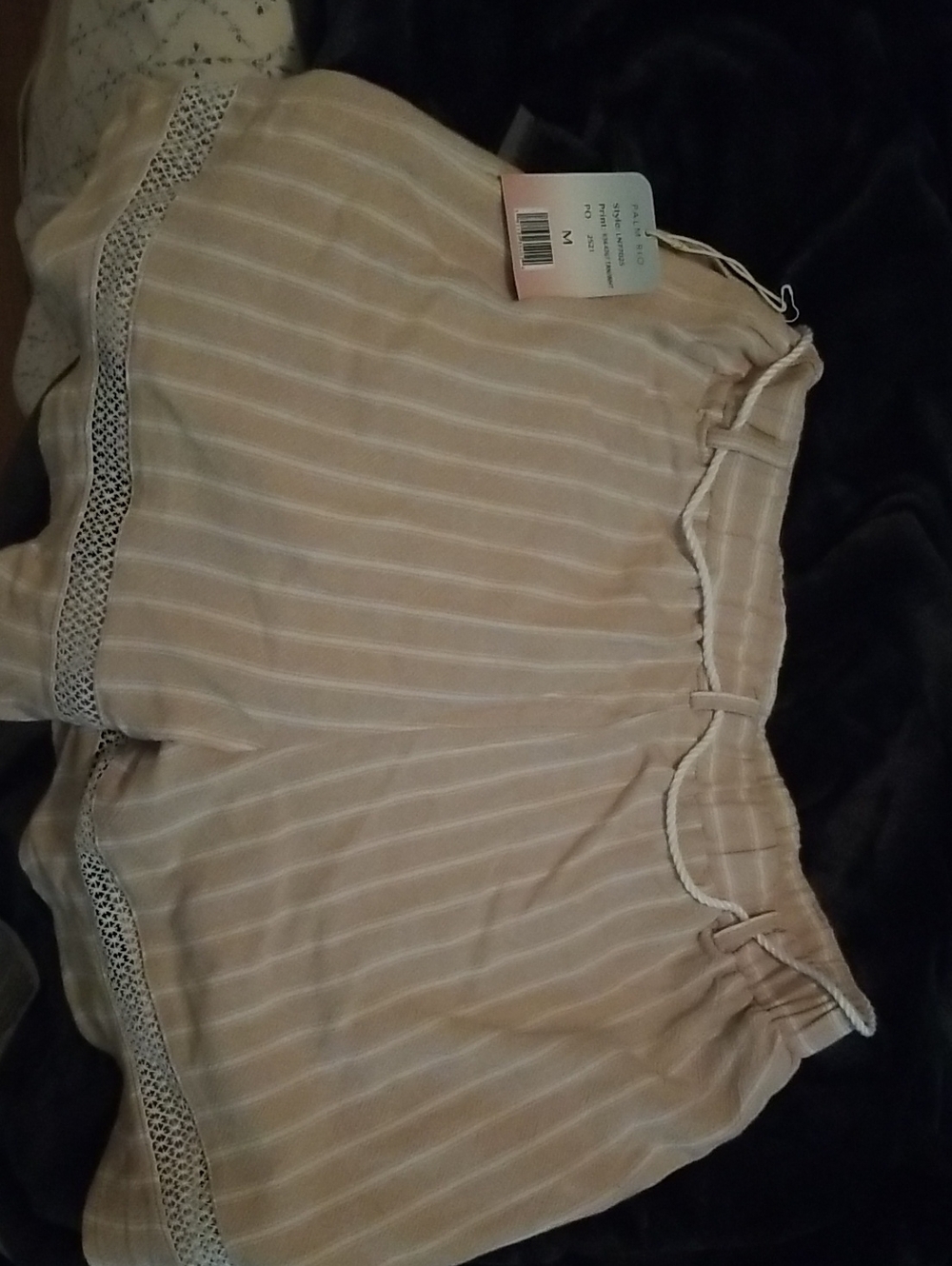 Striped Beige Lightweight Shorts with Lace Trim